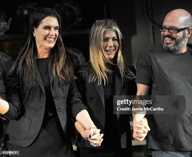 Actors Brooke Shields, Jennifer Aniston and David Cross take a bow at the Annual 24 Hour Plays Curtain Call presented by Montblanc at the American...