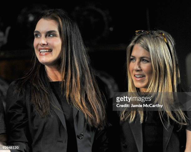 Actors Brooke Shields and Jennifer Aniston take a bow at the Annual 24 Hour Plays Curtain Call presented by Montblanc at the American Airlines...