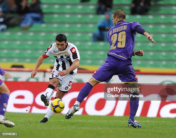 Antonio Di Natale of Udinese Calcio competes with Lorenzo De Silvestri of ACF Fiorentina during the Serie A match between Udinese Calcio and ACF...