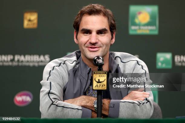 Roger Federer of Switzerland fields questions from the media at a press conference during the BNP Paribas Open at the Indian Wells Tennis Garden on...