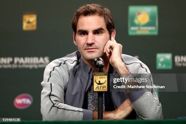 Roger Federer of Switzerland fields questions from the media at a press conference during the BNP Paribas Open at the Indian Wells Tennis Garden on...