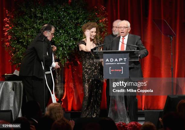 Marty Hausman, Helene Miller and Michael Hausman speak during the Adapt Leadership Awards Gala 2018 at Cipriani 42nd Street on March 8, 2018 in New...