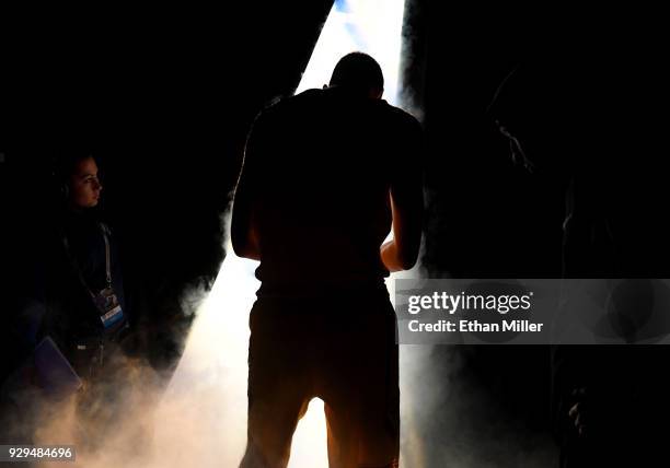 Nick Rakocevic of the USC Trojans waits to be introduced before a quarterfinal game of the Pac-12 basketball tournament against the Oregon State...