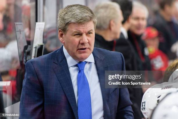 Carolina Hurricanes head coach Bill Peters looks on during an NHL hockey game between the Carolina Hurricanes and the Chicago Blackhawks on March 08...