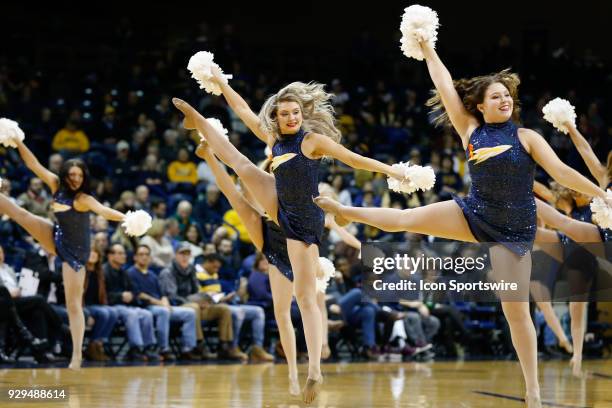 The Toledo Rockets dance team performs during a timeout during a regular season Mid-American Conference game between the Eastern Michigan Eagles and...