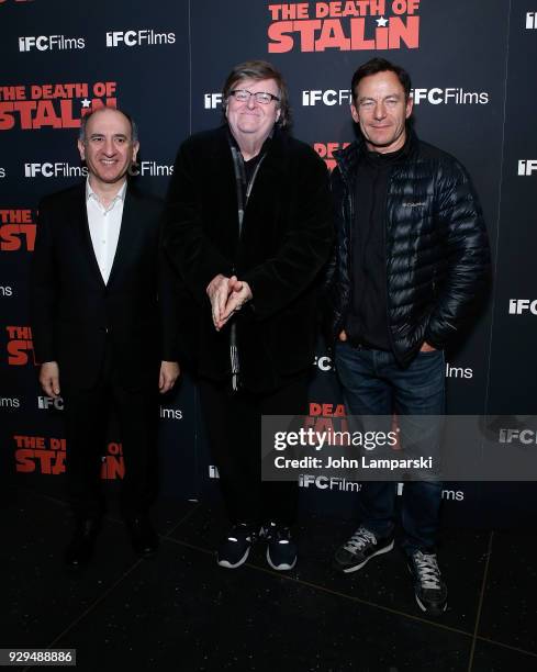 Armando Iannucci, Michael Moore and Jason Isaacs attend "The Death Of Stalin" New York premiere at AMC Lincoln Square Theater on March 8, 2018 in New...