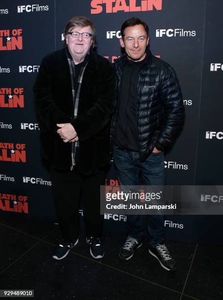 Michael Moore and Jason Isaacs attend "The Death Of Stalin" New York premiere at AMC Lincoln Square Theater on March 8, 2018 in New York City.