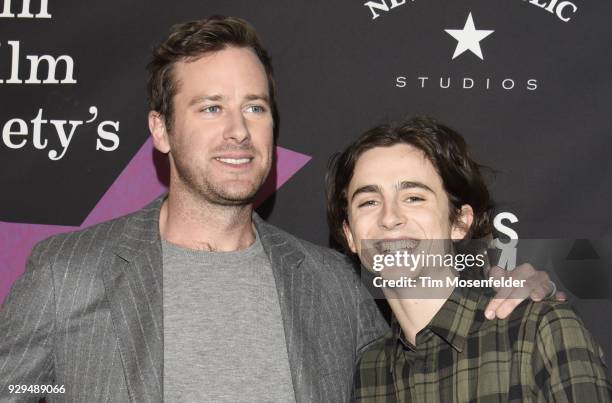 Armie Hammer and Timothee Chalamet attend the 2018 Texas Film Awards at AFS Cinema on March 8, 2018 in Austin, Texas.