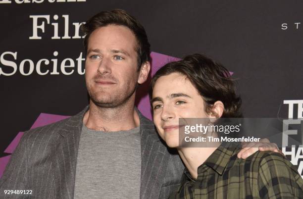 Armie Hammer and Timothee Chalamet attend the 2018 Texas Film Awards at AFS Cinema on March 8, 2018 in Austin, Texas.