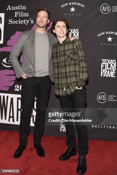 Armie Hammer and Timothee Chalamet attend the 2018 Texas Film Awards at AFS Cinema on March 8, 2018 in Austin, Texas.