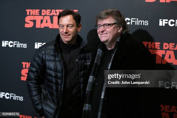 Michael Moore and Jason Isaacs attend "The Death Of Stalin" New York premiere at AMC Lincoln Square Theater on March 8, 2018 in New York City.