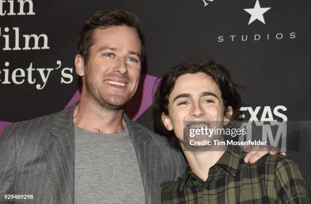 Armie Hammer and Timothee Chalamet attend the 2018 Texas Film Awards at AFS Cinema on March 8, 2018 in Austin, Texas.