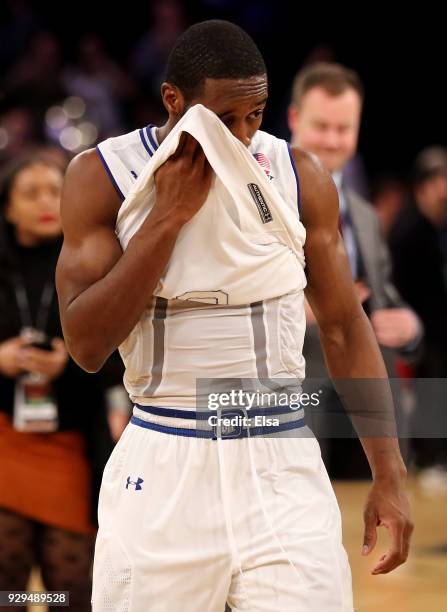 Khadeen Carrington of the Seton Hall Pirates walks off the floor after the loss to Butler Bulldogs during quarterfinals of the Big East Basketball...
