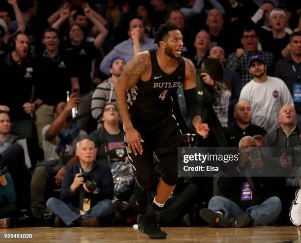 Tyler Wideman of the Butler Bulldogs celebrates his game winning shot in the final minutes of the game against the Seton Hall Pirates during...