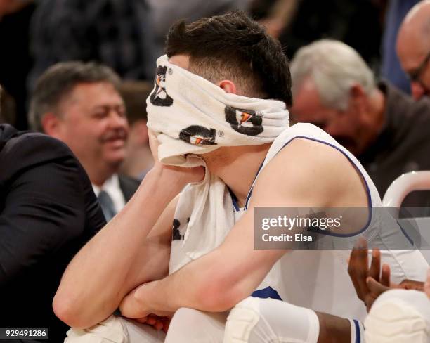 Sandro Mamukelashvili of the Seton Hall Pirates reacts to the loss to the Butler Bulldogs during quarterfinals of the Big East Basketball Tournament...