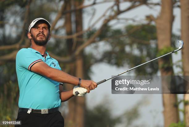 Joost Luiten of the Netherlands tees off on the 12th hole during day two of the Hero Indian Open at Dlf Golf and Country Club on March 9, 2018 in New...