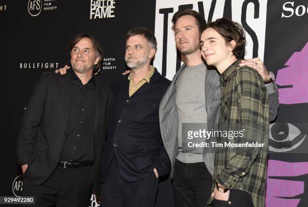 Richard Linklater, Paul Thomas Anderson, Armie Hammer, and Timothee Chalamet attend the 2018 Texas Film Awards at AFS Cinema on March 8, 2018 in...