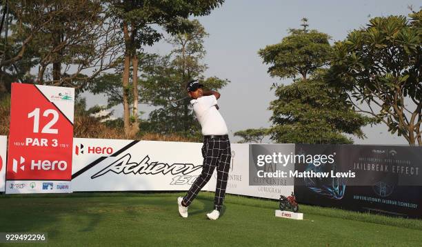 Anirban Lahiri of India tees off on the 12th hole during day two of the Hero Indian Open at Dlf Golf and Country Club on March 9, 2018 in New Delhi,...