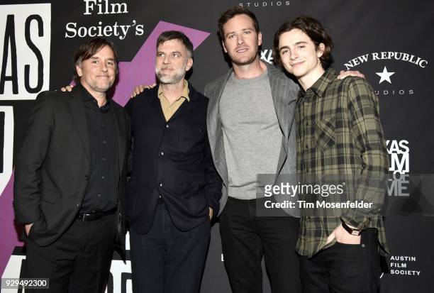 Richard Linklater, Paul Thomas Anderson, Armie Hammer, and Timothee Chalamet attend the 2018 Texas Film Awards at AFS Cinema on March 8, 2018 in...