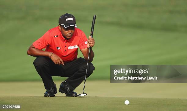 Chawrasia of India lines up a putt on the 12th green during day two of the Hero Indian Open at Dlf Golf and Country Club on March 9, 2018 in New...