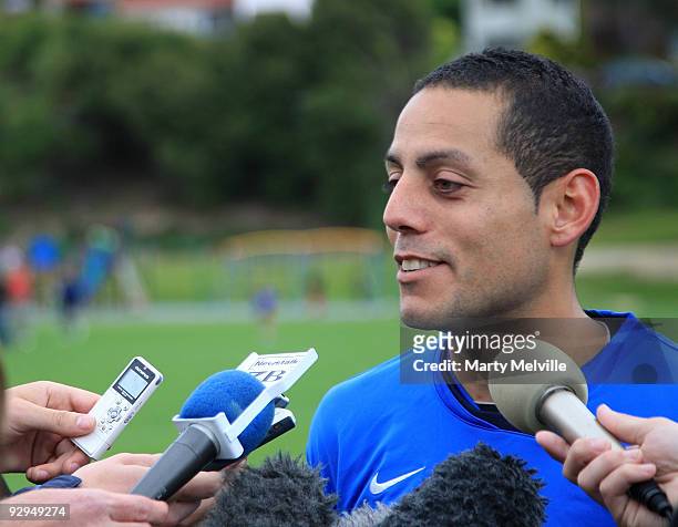 Leo Bertos of the All Whites talks to the media during a New Zealand All Whites training at Endeavour Park on November 10, 2009 in Wellington, New...