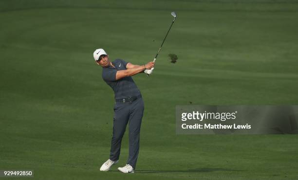Adrien Saddier of France plays a shot from the 11th fairway during day two of the Hero Indian Open at Dlf Golf and Country Club on March 9, 2018 in...