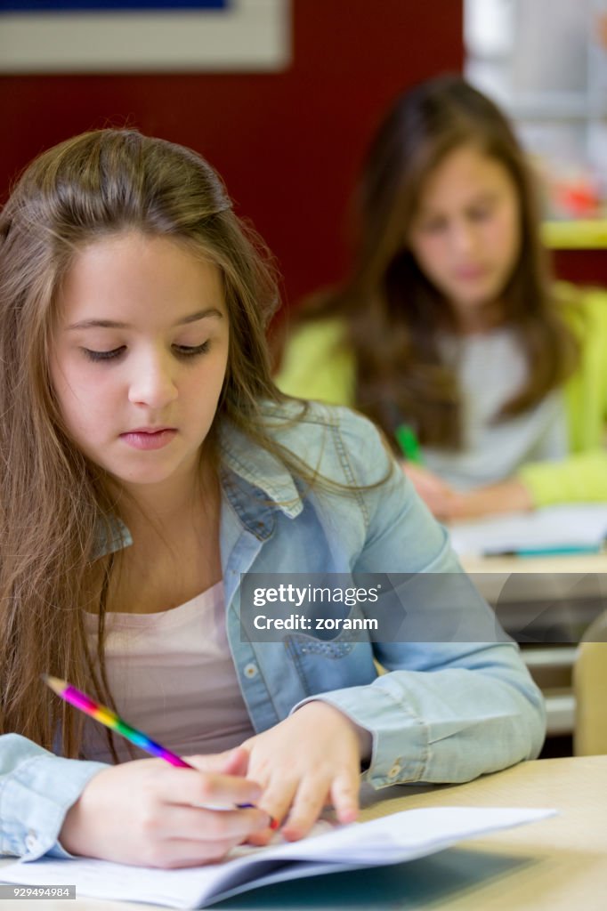 Teenager girls in classroom writing