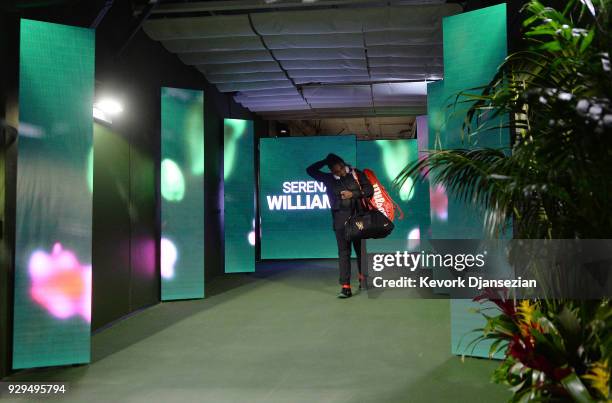 Serena Williams walks out of the tunnel for her first round tennis match against Zarina Diyas, of Kazakhstan, during Day 4 of the BNP Paribas Open on...