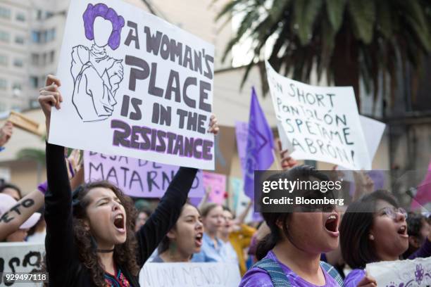 Demonstrators hold signs during a national strike on International Women's Day in Mexico City, Mexico, on Thursday, March 8, 2018. The United Nations...