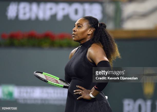 Serena Williams reacts against Zarina Diyas, of Kazakhstan, during Day 4 of the BNP Paribas Open on March 8, 2018 in Indian Wells, California.