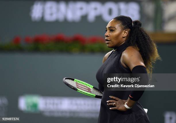 Serena Williams reacts against Zarina Diyas, of Kazakhstan, during Day 4 of the BNP Paribas Open on March 8, 2018 in Indian Wells, California.