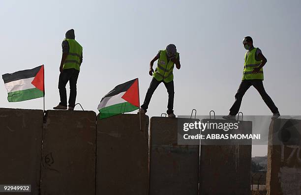 Palestinian and foreign activists stand on top of a blast wall used by Israeli troops along Israel's controversial separation barrier during a...