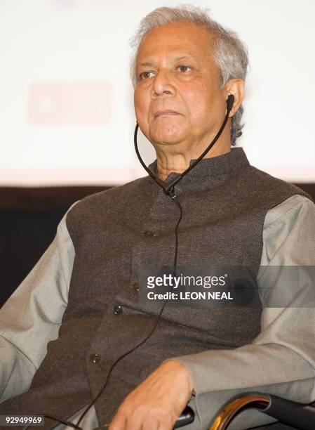 Bangladeshi economist anf Nobel Peace Laureate Muhammad Yunus listens to a speech during the 10th World Summit of Nobel Peace Laureates at the Rotes...