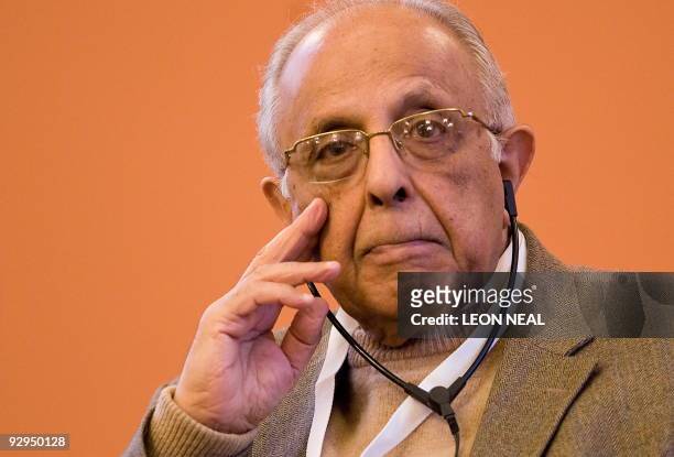 Anti-Apartheid activist Ahmed Kathrada listens to a speech at the 10th World Summit of Nobel Peace Laureates at the Rotes Rathaus in Berlin, on...