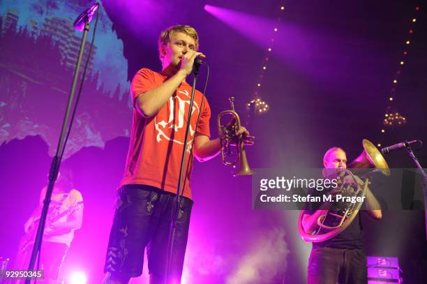 Stefan Dettl and Andreas Hofmeir of La Brass Banda perform on stage at Circus Krone on November 7, 2009 in Munich, Germany.