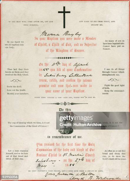 The record card of one Maria Bayly, testifying to her baptism, her confirmation on 11th April 1855 at Salisbury Cathedral, and her first Holy...