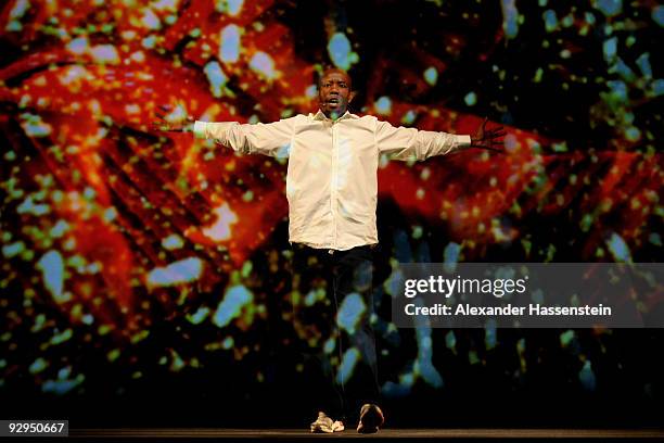 Actor Mlamly of South Africa performs during the presentation of the new German FIFA World Cup 2010 kit at the adidas Brand Center on November 10,...