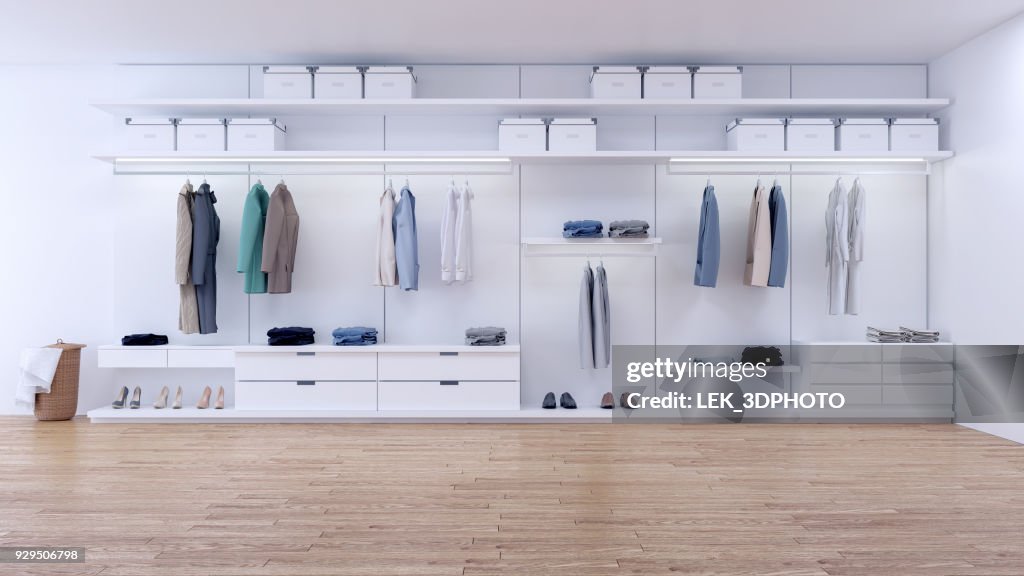 Modern Minimalist Walk In Closet With White Wardrobe 3d Rendering High ...