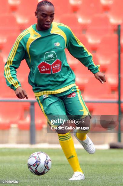 Benni McCarthy controls the ball during a South Africa training session at the Rand Stadium on November 10, 2009 in Johannesburg, South Africa.
