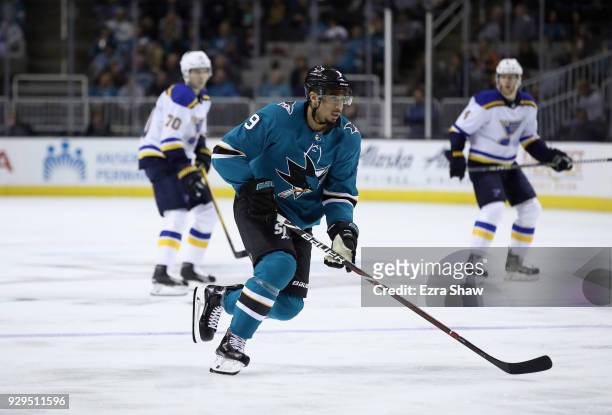 Evander Kane of the San Jose Sharks in action during their game against the St. Louis Blues at SAP Center on March 8, 2018 in San Jose, California.