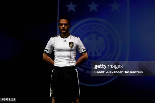 Model presents the new German FIFA World Cup 2010 jersey 'Teamgeist' at the adidas Brand Center on November 10, 2009 in Herzogenaurach, Germany.