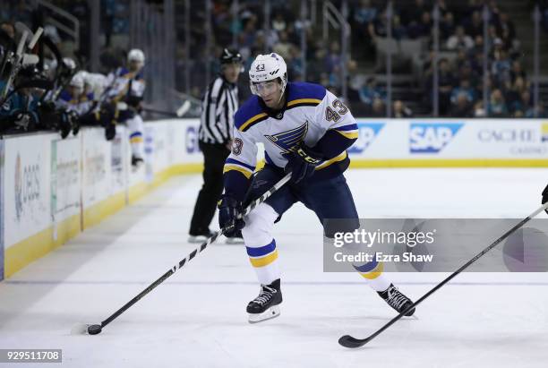 Jordan Schmaltz of the St. Louis Blues in action against the San Jose Sharks at SAP Center on March 8, 2018 in San Jose, California.