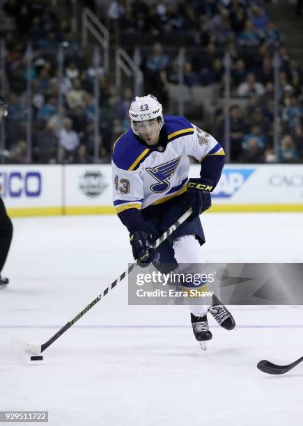 Jordan Schmaltz of the St. Louis Blues in action against the San Jose Sharks at SAP Center on March 8, 2018 in San Jose, California.