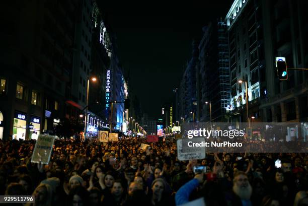 Spanish women demand equal working rights and an end to violence against women in Spanish society during a march to celebrate International Women's...