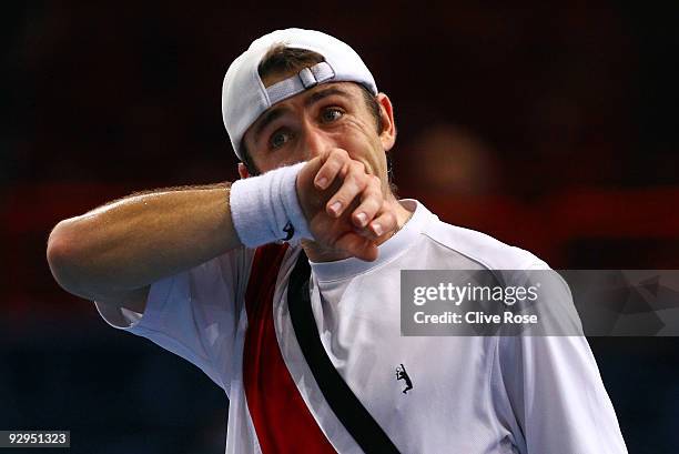 Benjamin Becker of Germany during his first round match against Nikolay Davydenko of Russia during the ATP Masters Series at the Palais Omnisports De...