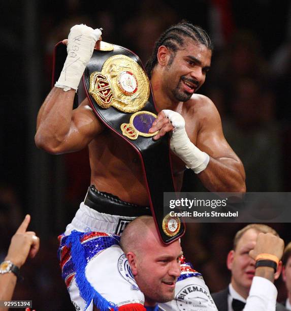 David Haye of England celebrates his win against Nikolai Valuev after their WBA world heavyweight championship fight on November 7, 2009 at the Arena...