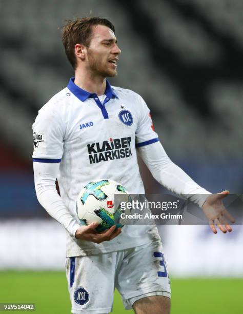 Matthias Bader of Karlsruhe reacts during the 3. Liga match between Karlsruher SC and SG Sonnenhof Grossaspach at Wildparkstadion on March 07, 2018...