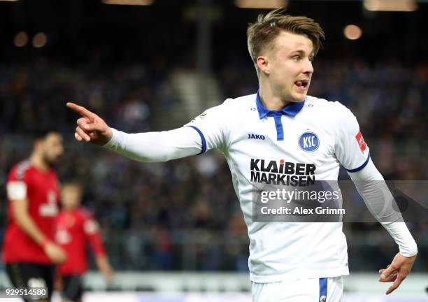 Marco Thiede of Karlsruhe reacts during the 3. Liga match between Karlsruher SC and SG Sonnenhof Grossaspach at Wildparkstadion on March 07, 2018 in...