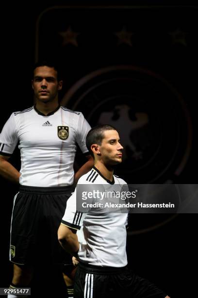 Models present the new German FIFA World Cup 2010 jersey 'Teamgeist' at the adidas Brand Center on November 10, 2009 in Herzogenaurach, Germany.