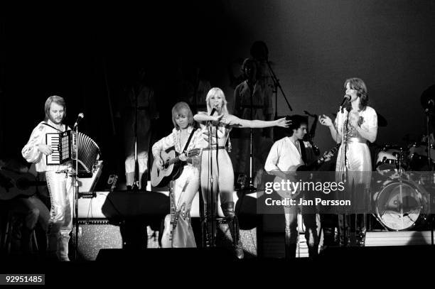 Benny Andersson, Bjorn Ulvaeus, Agnetha Faltskog and Anni-Frid Lyngstad of Swedish pop group ABBA perform on stage at the Brondbyhallen on January...